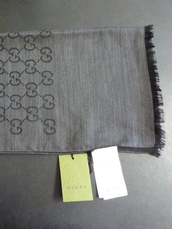 Gucci Logo Small Jacquard Wool & Silk-Blend Scarf in Gray - Picture 1 of 5